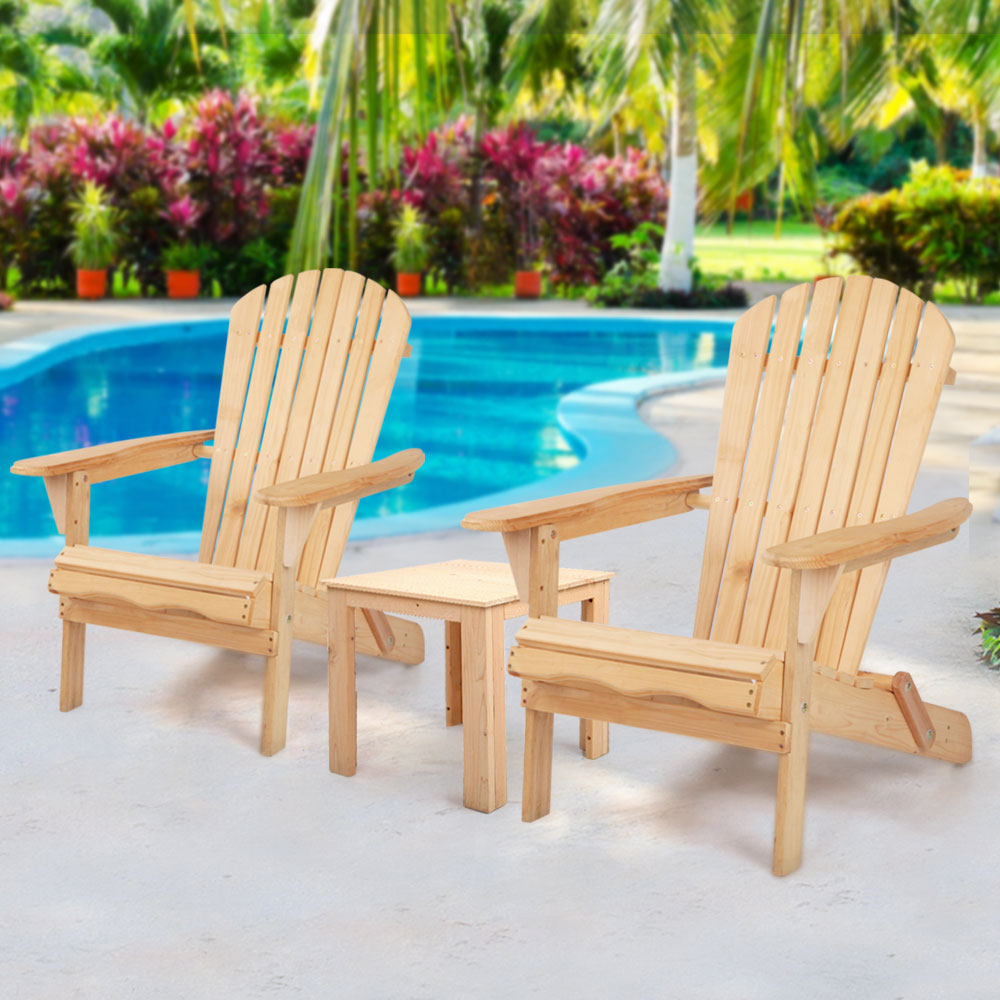 Wooden Outdoor Beach Chair and Table Set of 3 - Beige