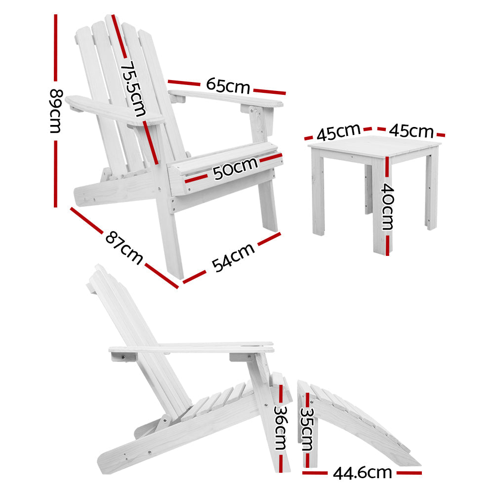 Outdoor Sun Lounge Beach Wooden Adirondack Patio Chair Table - White