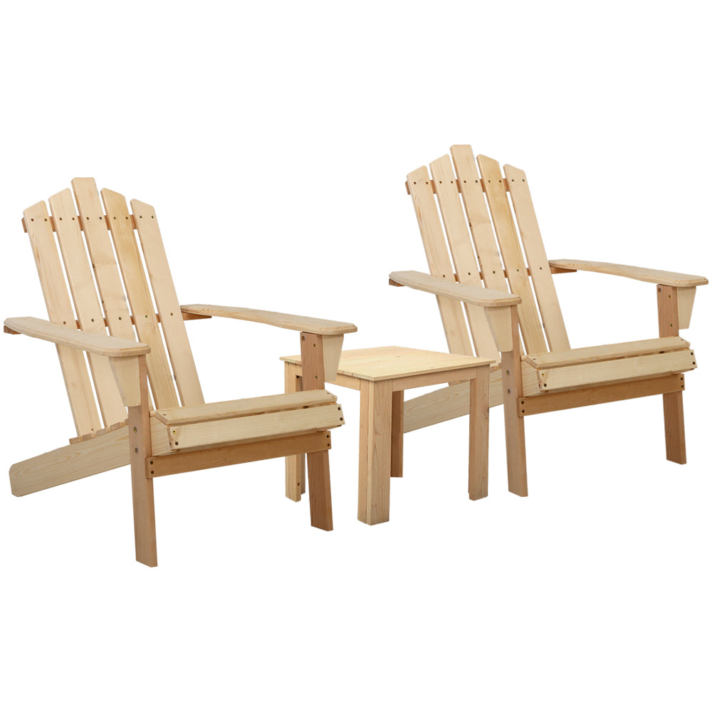 Outdoor Sun Lounge Beach Wooden Adirondack Patio Chair Table - Natural Wood