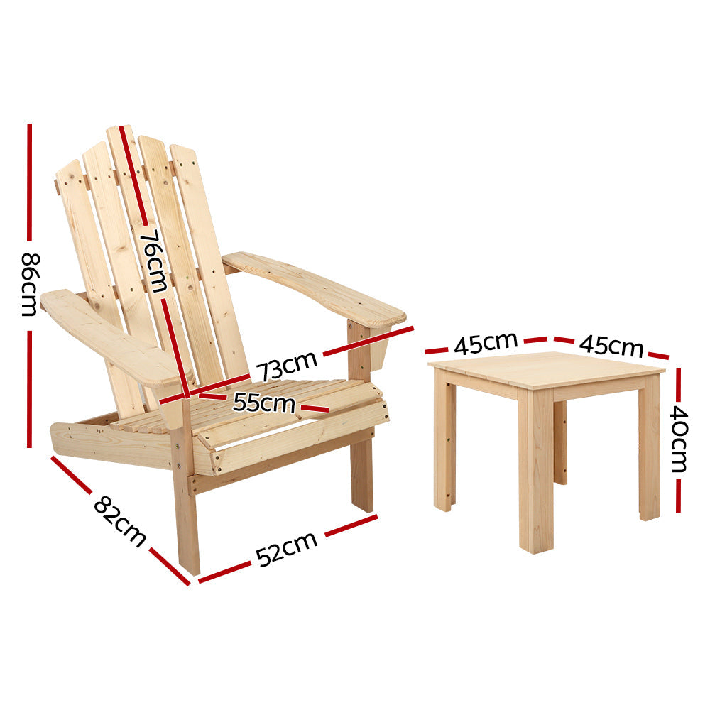 Outdoor Sun Lounge Beach Wooden Adirondack Patio Chair Table - Natural Wood