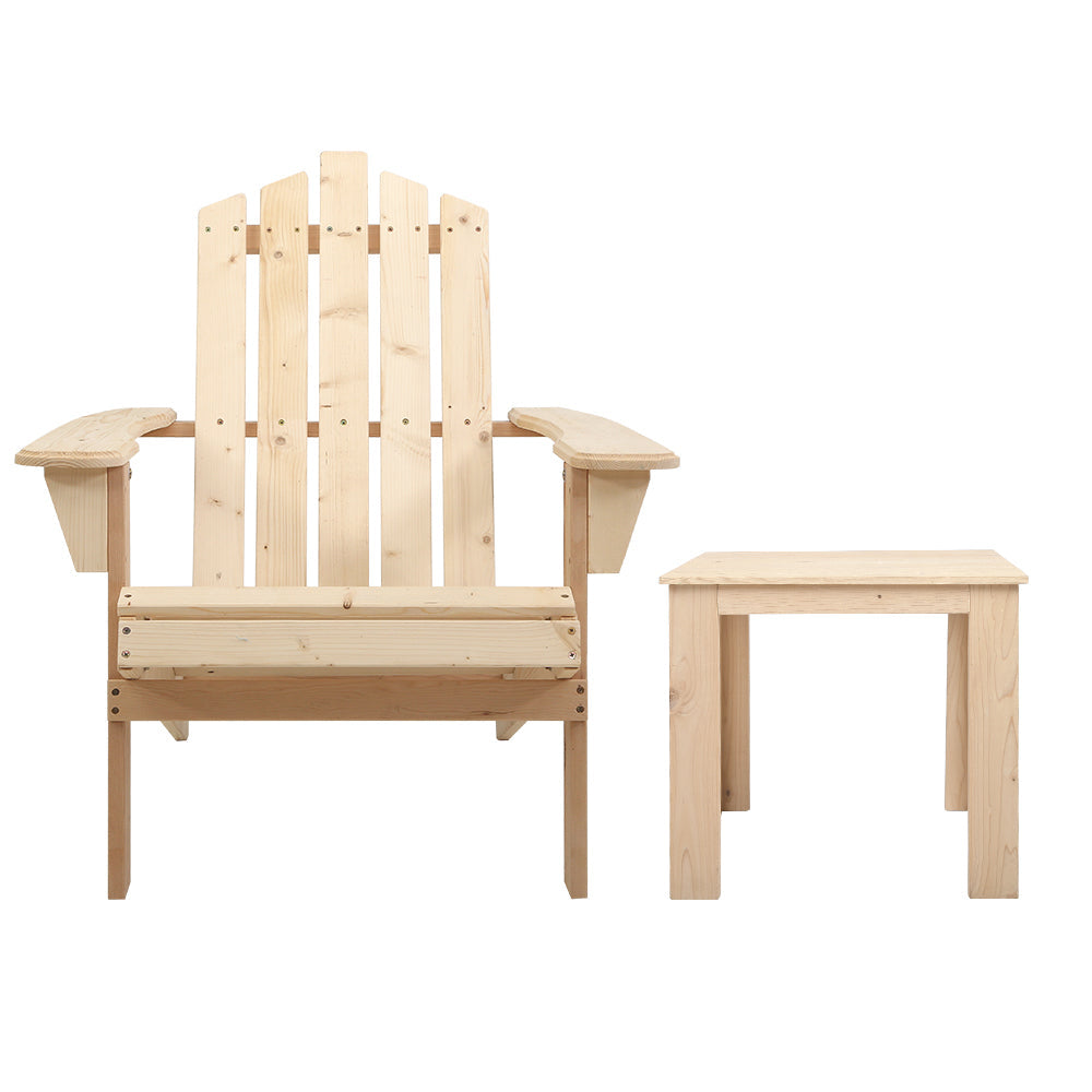 Outdoor Sun Lounge Beach Wooden Adirondack Patio Chair Table - Natural Wood