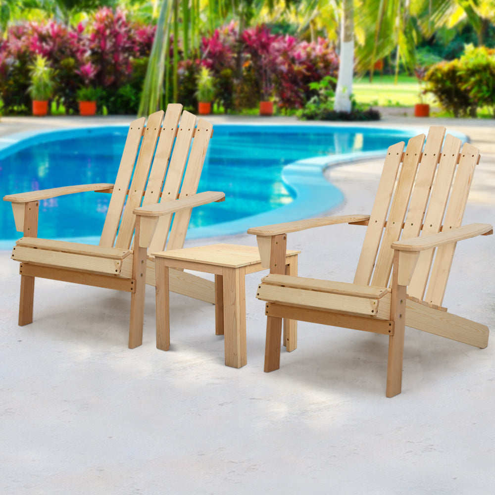 Outdoor Sun Lounge Beach Wooden Adirondack Patio Chair Table - Natural Wood