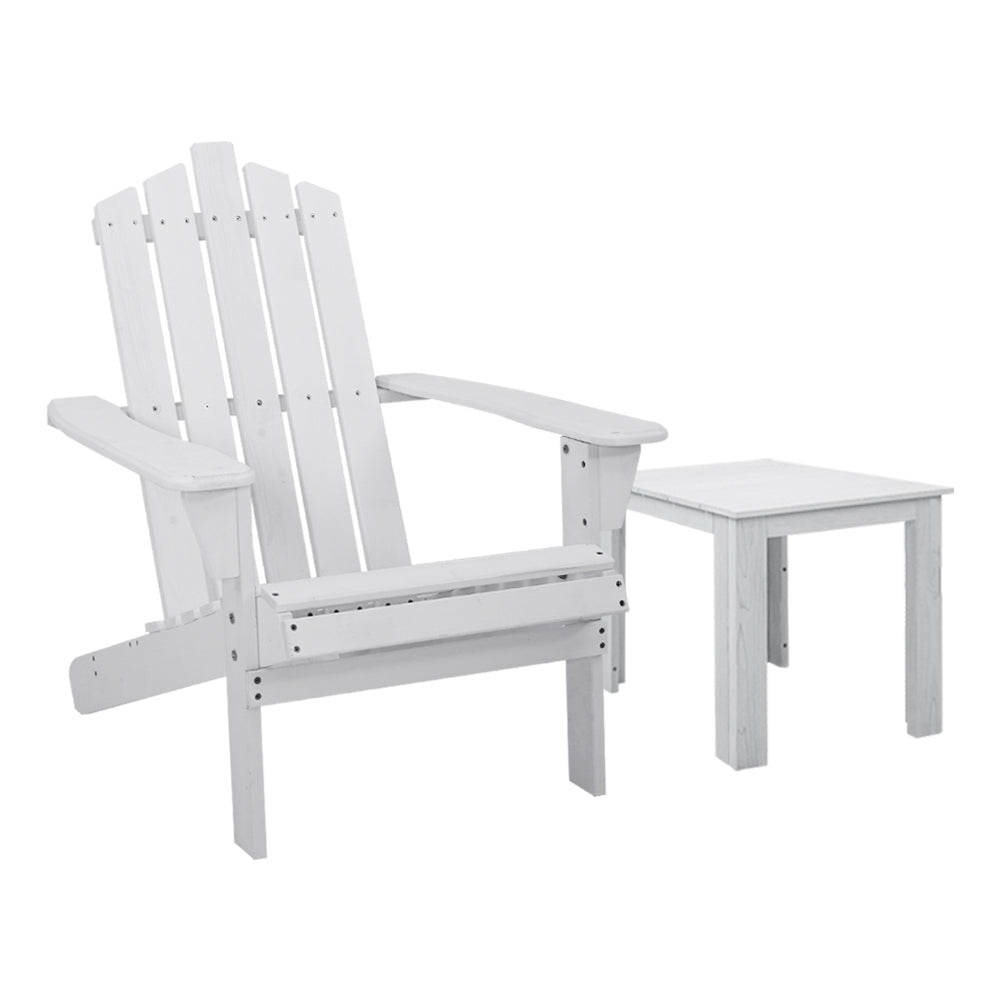 Outdoor Sun Lounge Beach Wooden Adirondack Patio Chair with Table - White