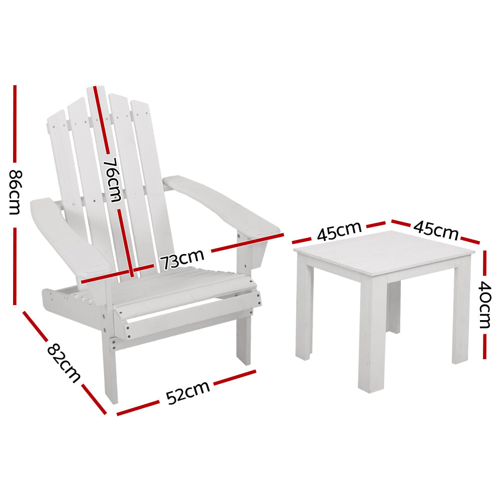 Outdoor Sun Lounge Beach Wooden Adirondack Patio Chair with Table - White