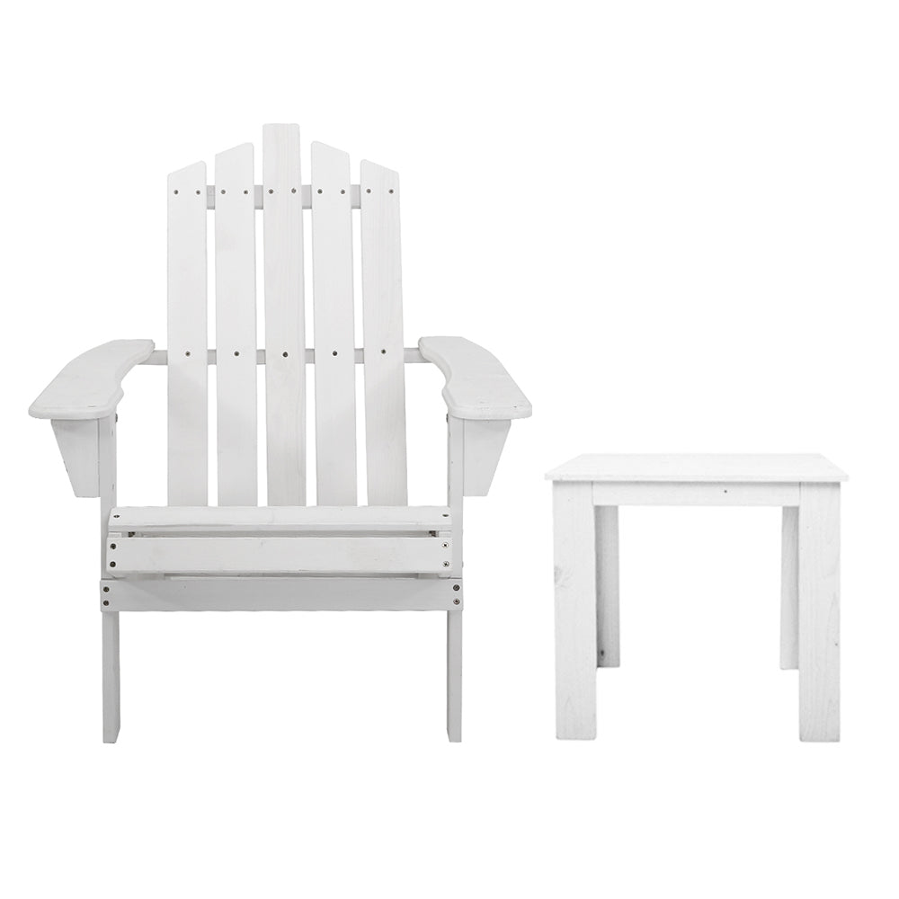 Outdoor Sun Lounge Beach Wooden Adirondack Patio Chair with Table - White