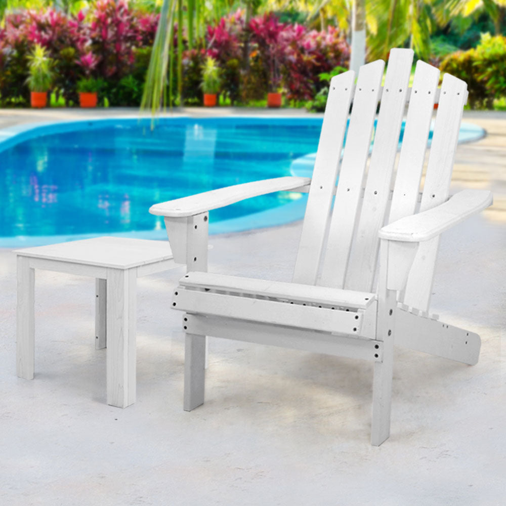 Outdoor Sun Lounge Beach Wooden Adirondack Patio Chair with Table - White