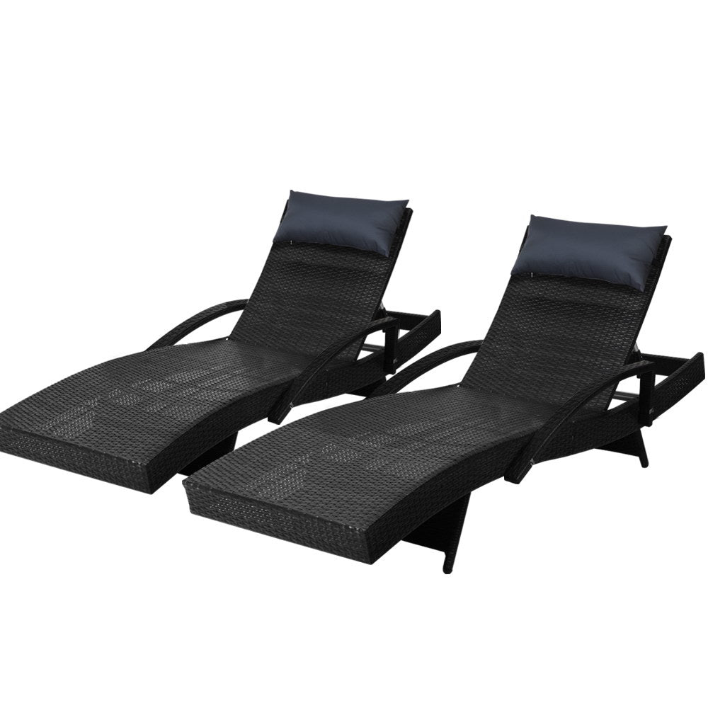 Sun Lounge Outdoor Wicker Lounger Rattan Garden Patio Set of 2 - Black