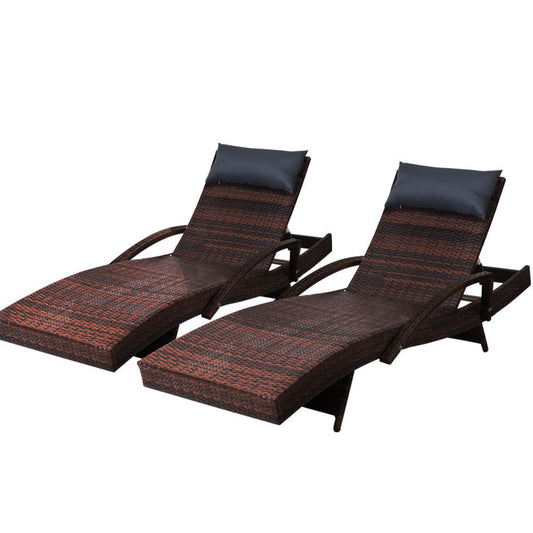 Sun Lounge Outdoor Wicker Lounger Rattan Garden Patio Set of 2 - Brown