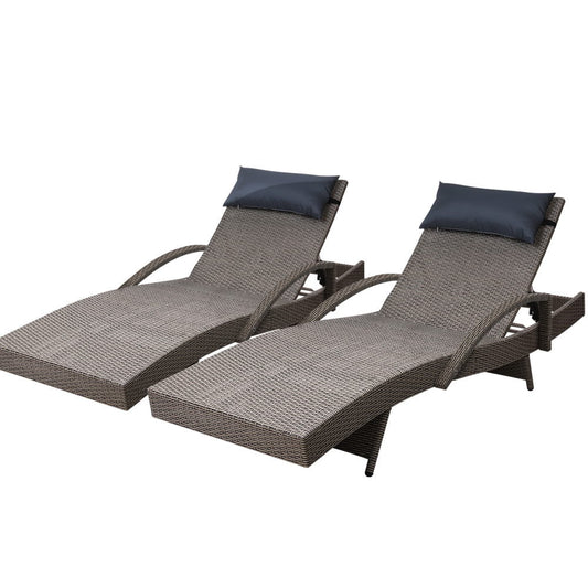 Sun Lounge Outdoor Wicker Lounger Rattan Garden Patio Set of 2 - Grey