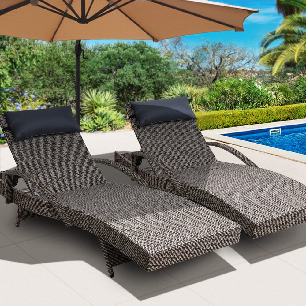 Sun Lounge Outdoor Wicker Lounger Rattan Garden Patio Set of 2 - Grey