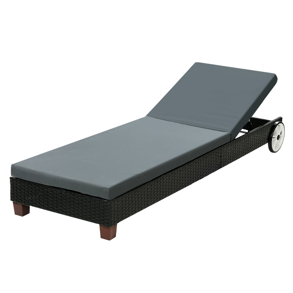 Sun Lounge Bed Wheel Patio Outdoor Furniture Setting - Black