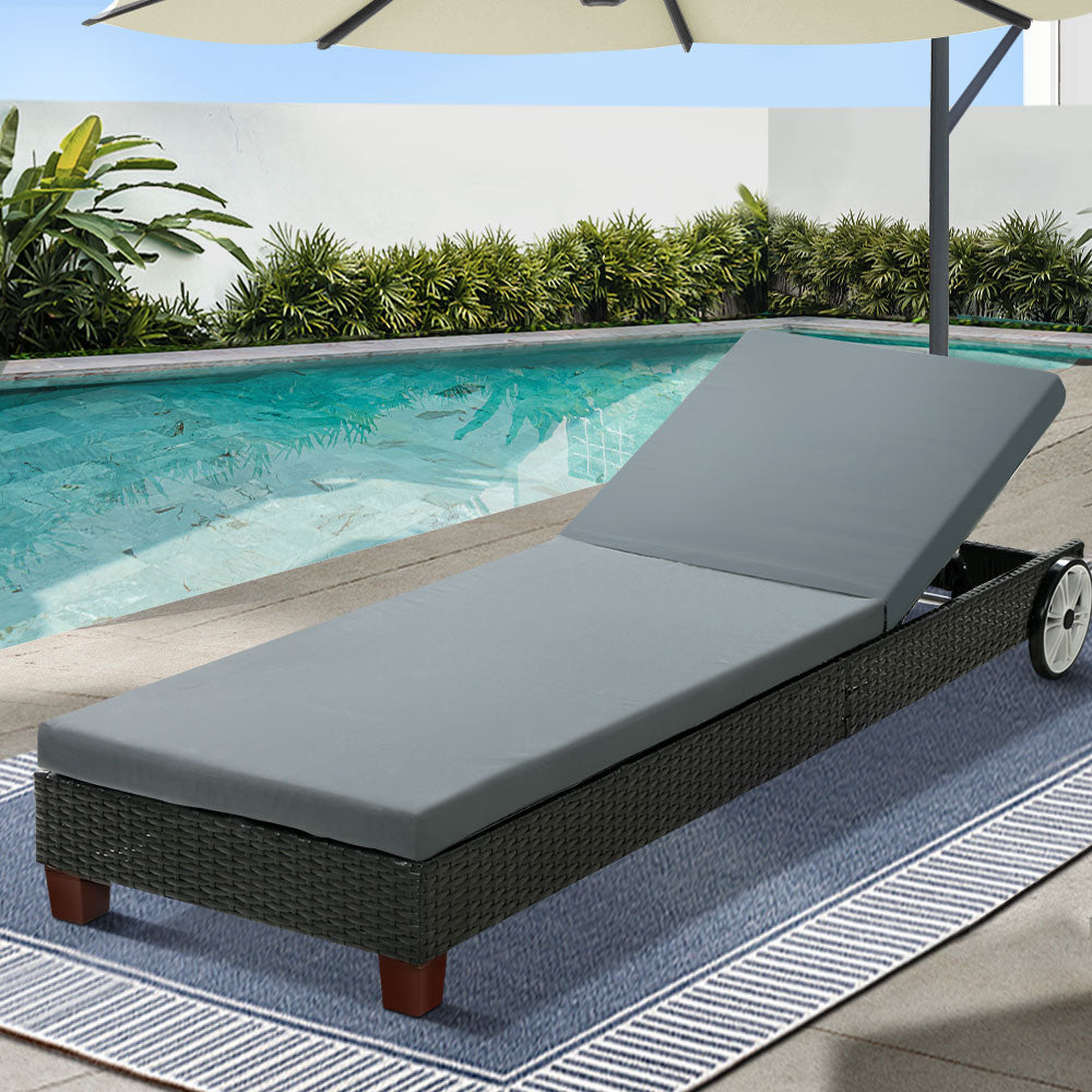 Sun Lounge Bed Wheel Patio Outdoor Furniture Setting - Black