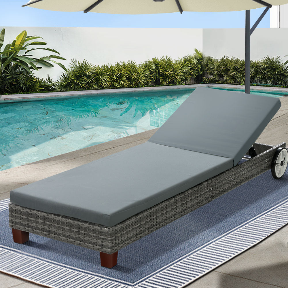 Sun Lounge Bed Wheel Patio Outdoor Furniture Setting - Black