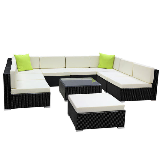 Sofa Set with Storage Cover Outdoor Furniture Wicker - Set of 10