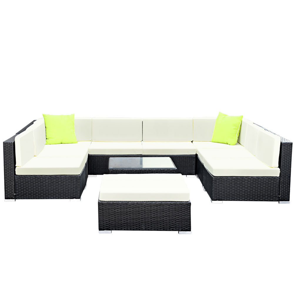 Sofa Set with Storage Cover Outdoor Furniture Wicker - Set of 10