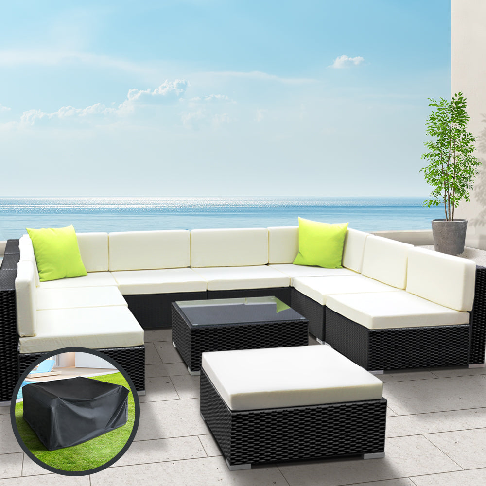 Sofa Set with Storage Cover Outdoor Furniture Wicker - Set of 10