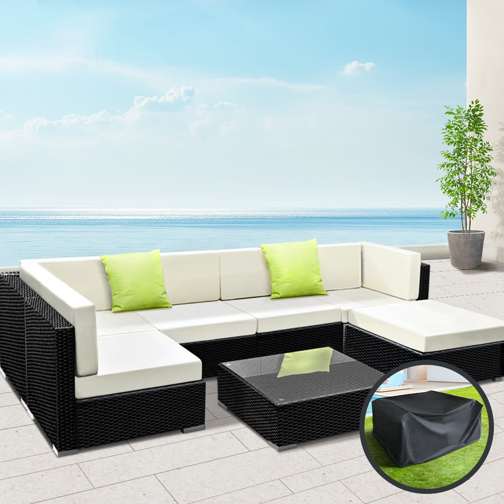 Sofa Set with Storage Cover Outdoor Furniture Wicker - Set of 7