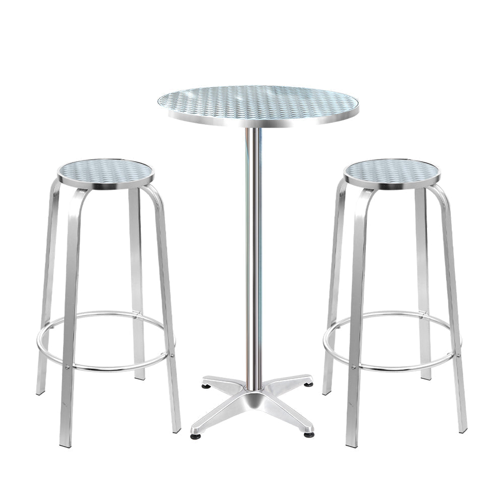 Outdoor Bar Round Table Stools Aluminium Cafe Bistro Set - Silver