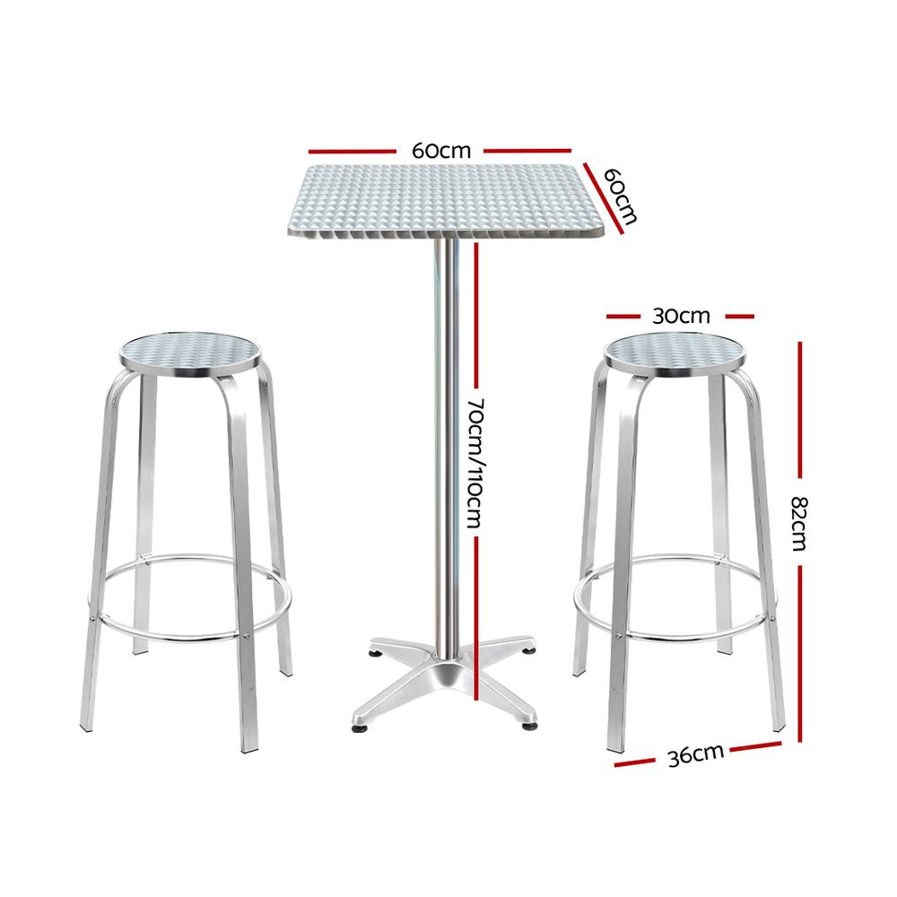 Outdoor Bar Square Table Stools Aluminium Cafe Bistro Set - Silver