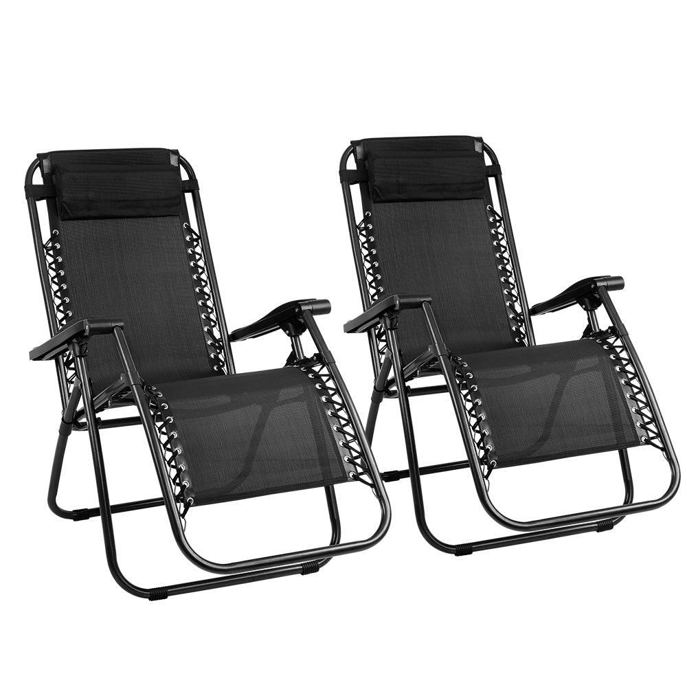 Outdoor Reclining Chairs Folding Camping  Sun Lounge Set of 2 - Black