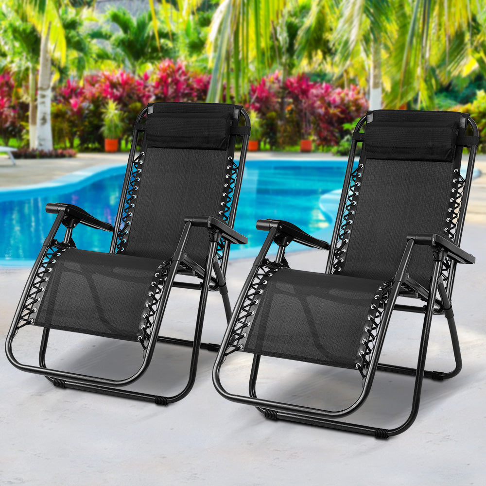 Outdoor Reclining Chairs Folding Camping  Sun Lounge Set of 2 - Black