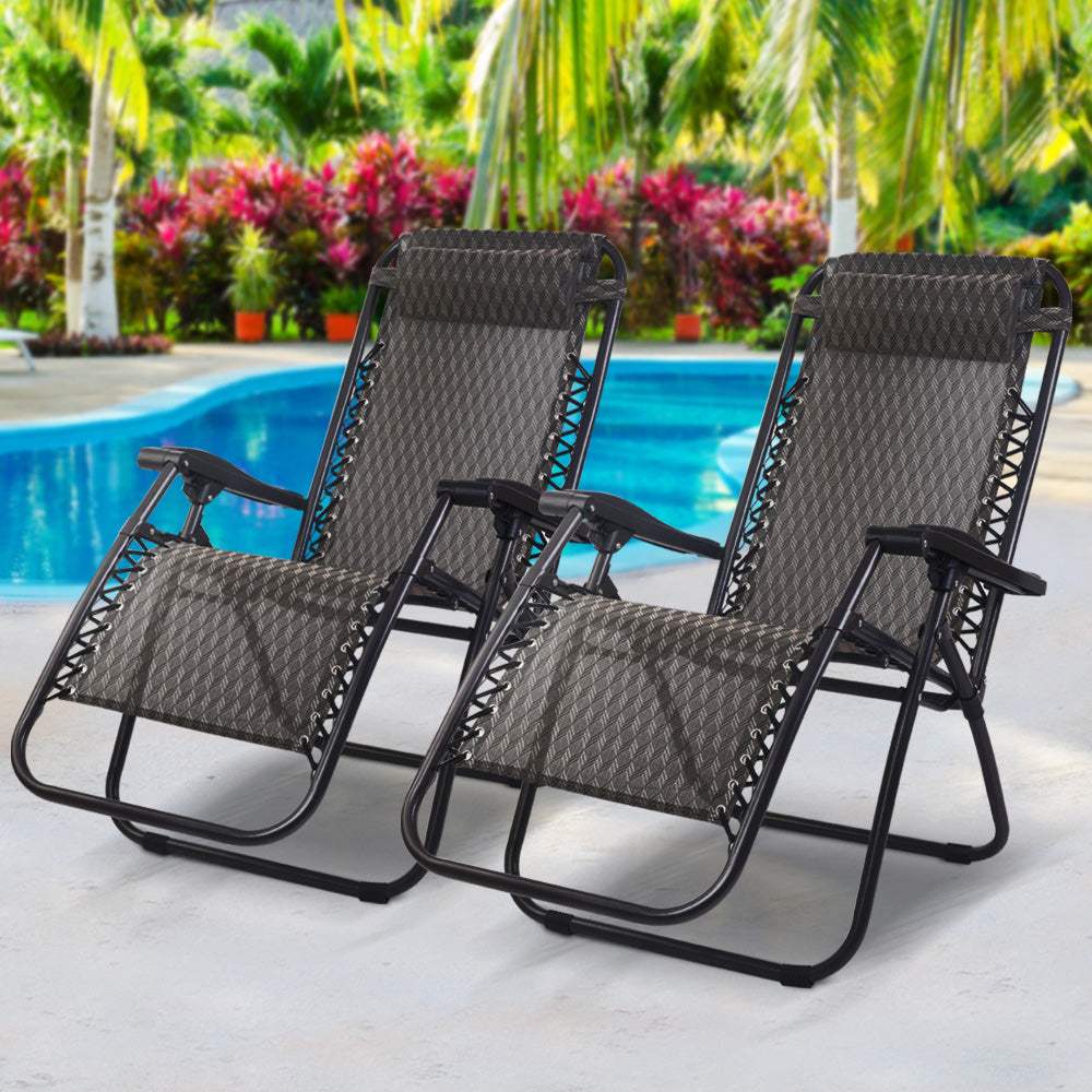 Outdoor Reclining Chairs Folding Camping  Sun Lounge Set of 2 - Grey