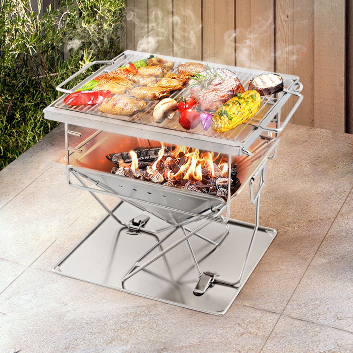 2 in 1 Stainless Steel Adjustable Barbecue Fire Pit - 3 Levels