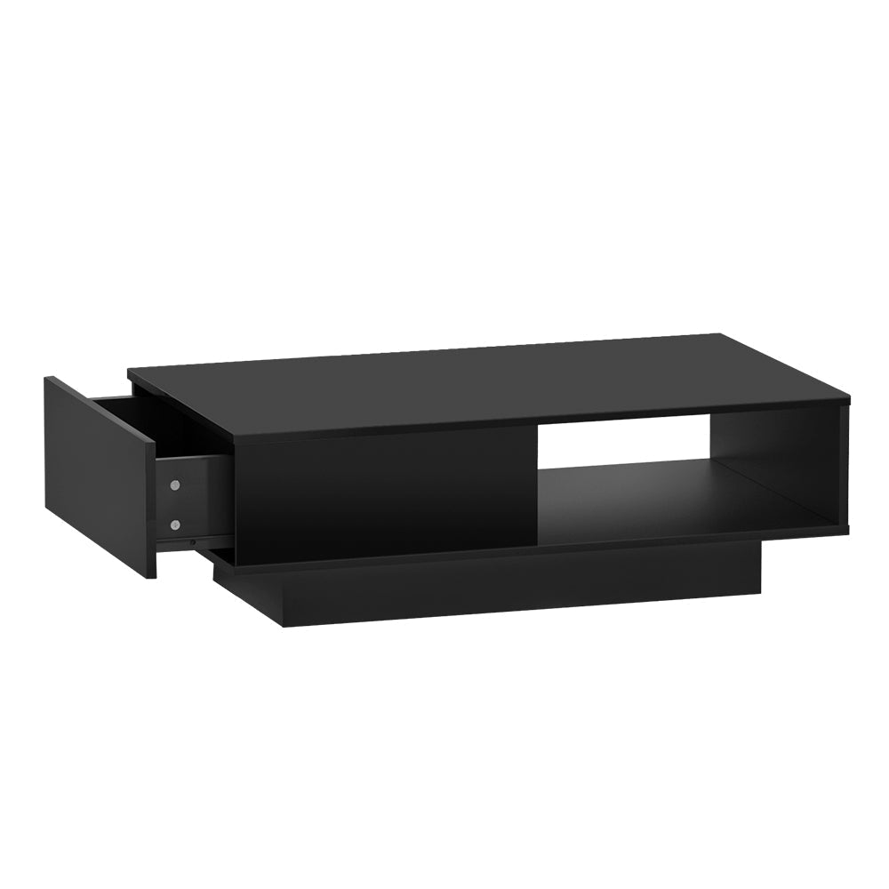 Coffee Table LED Lights High Gloss Storage Drawer Modern Furniture Black