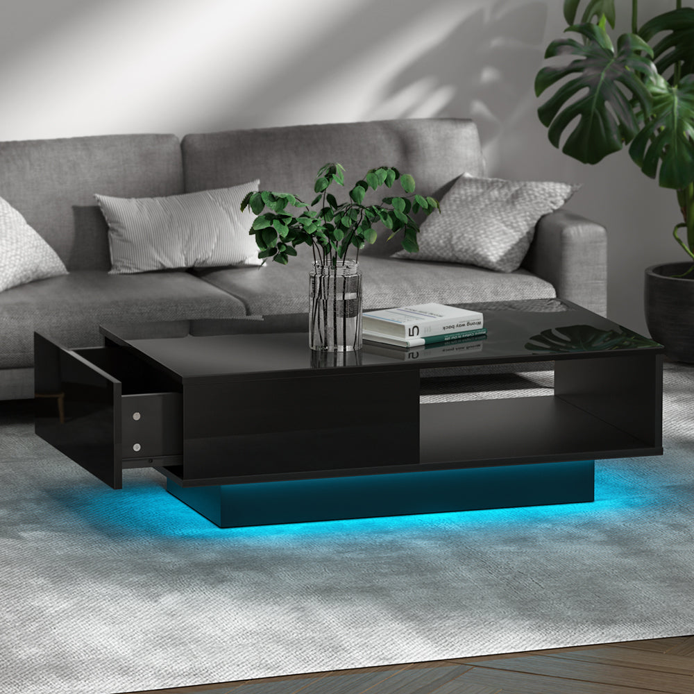 Coffee Table LED Lights High Gloss Storage Drawer Modern Furniture Black