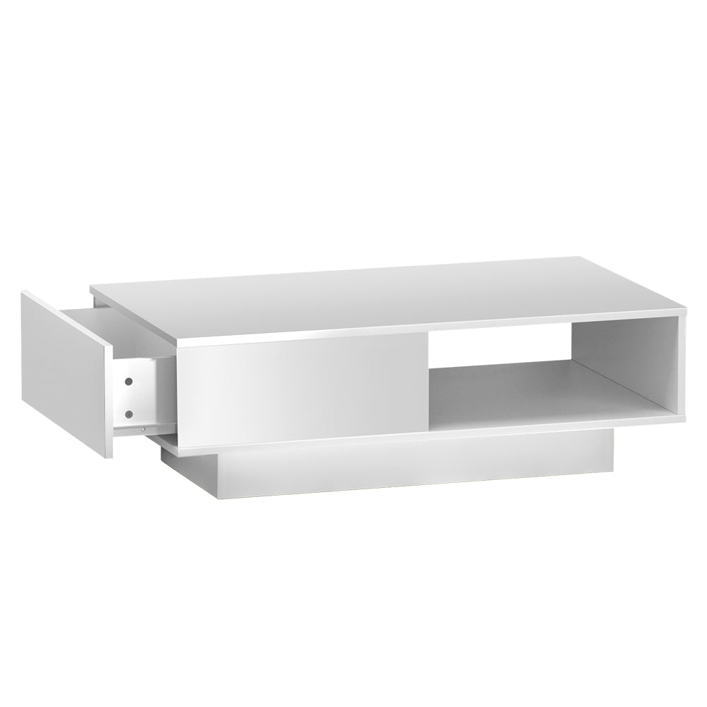 Coffee Table LED Lights High Gloss Storage Drawer Modern Furniture White