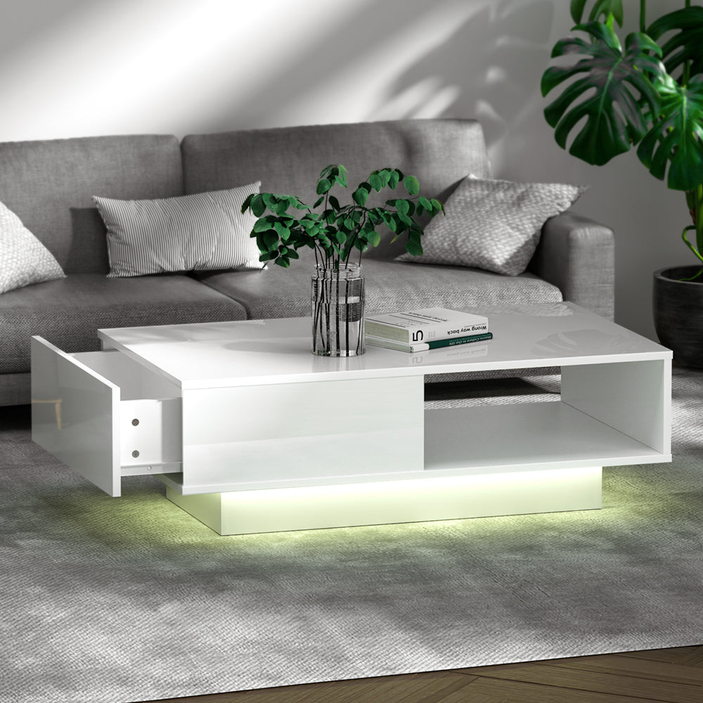 Coffee Table LED Lights High Gloss Storage Drawer Modern Furniture White