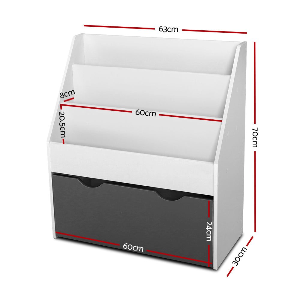 Kids Books and Magazine Organiser Shelf with Drawer - White and Grey