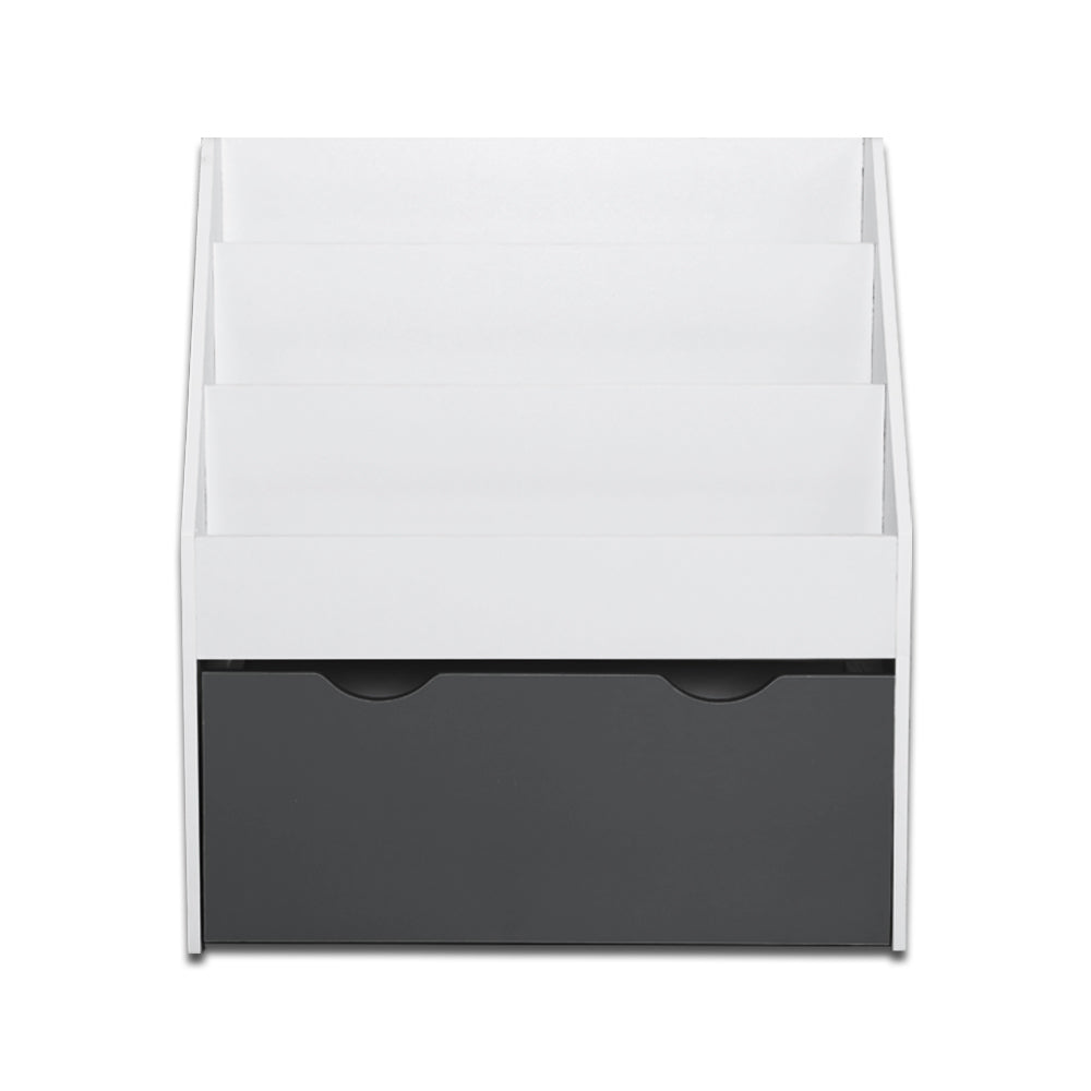 Kids Books and Magazine Organiser Shelf with Drawer - White and Grey