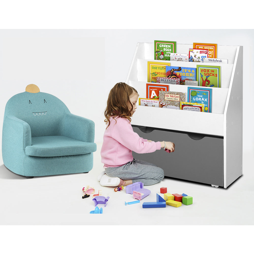 Kids Books and Magazine Organiser Shelf with Drawer - White and Grey