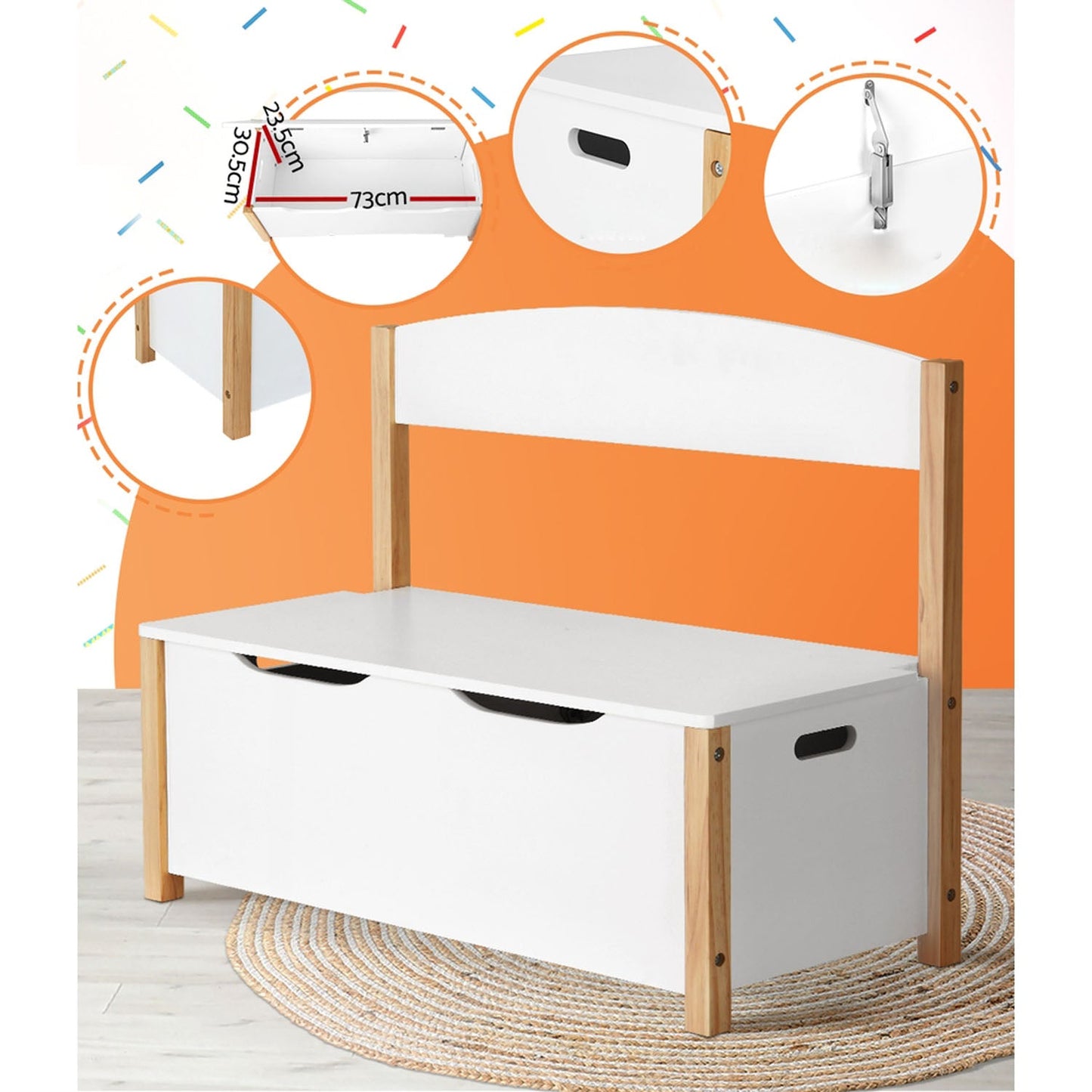 Kids Storage Box Organiser Seating Bench - White and Natural