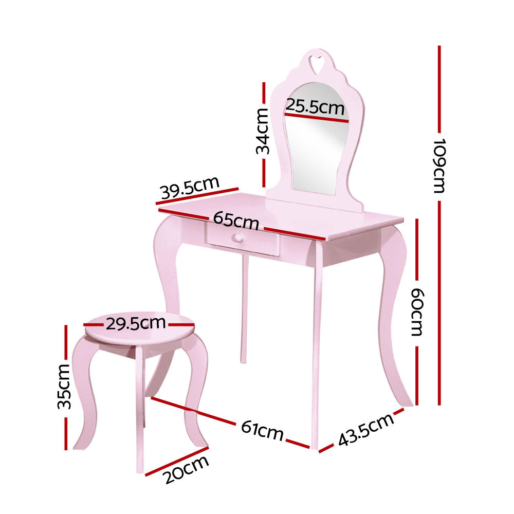 Kids Vanity Dressing Table Stool Set Mirror Princess Makeup - Pink