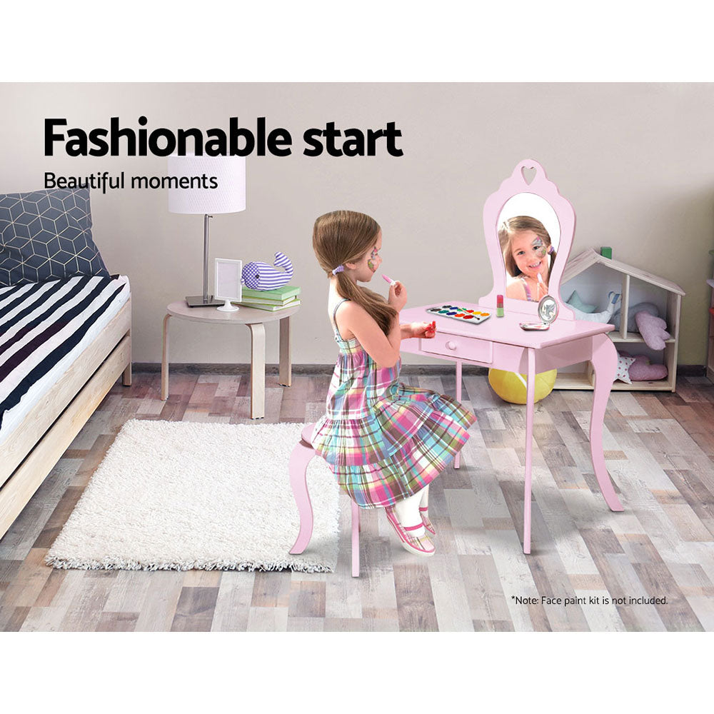 Kids Vanity Dressing Table Stool Set Mirror Princess Makeup - Pink