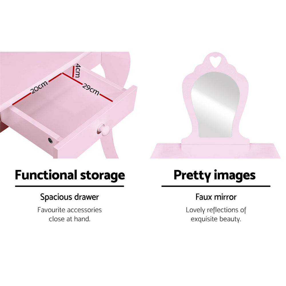 Kids Vanity Dressing Table Stool Set Mirror Princess Makeup - Pink