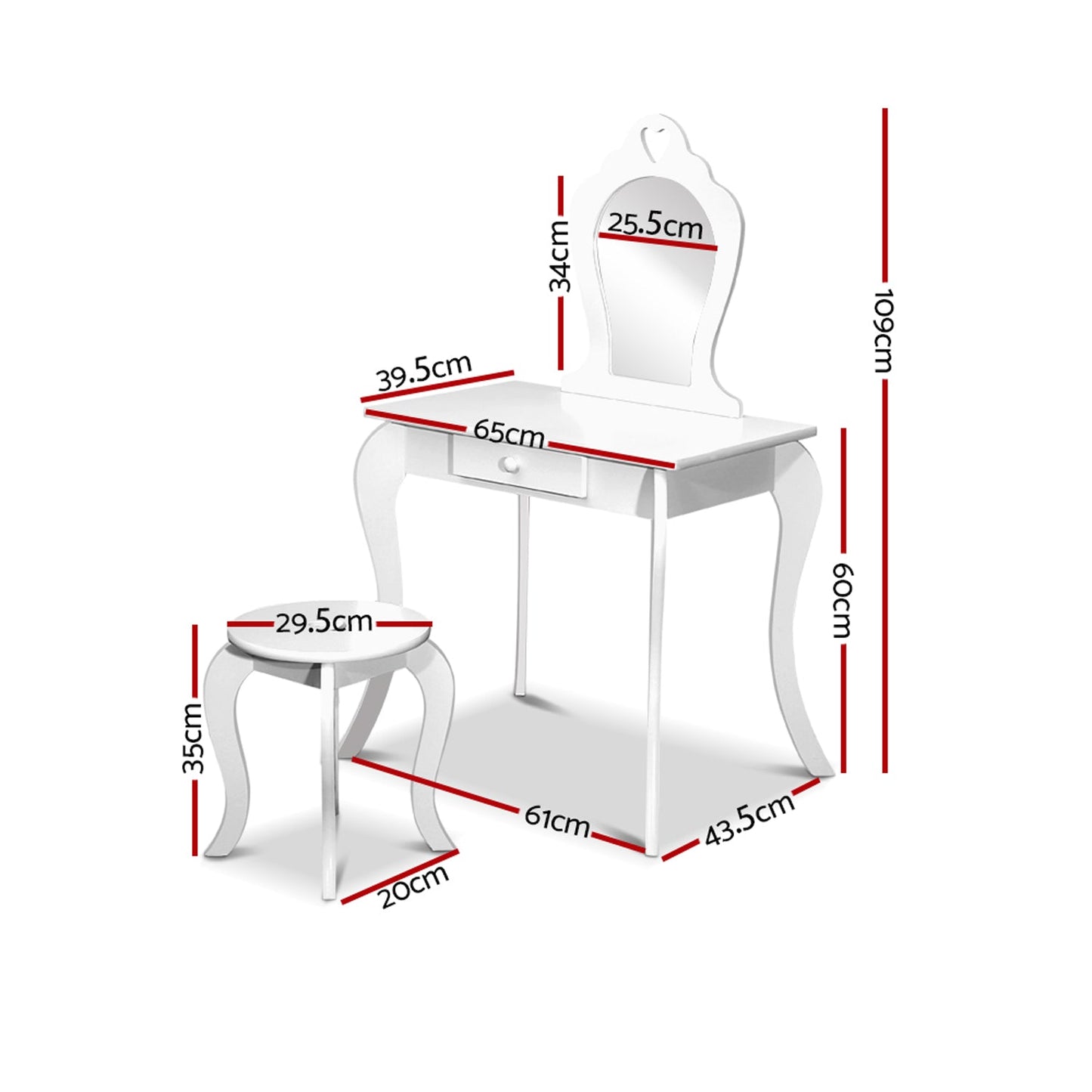 Kids Vanity Dressing Table Stool Set Mirror - White