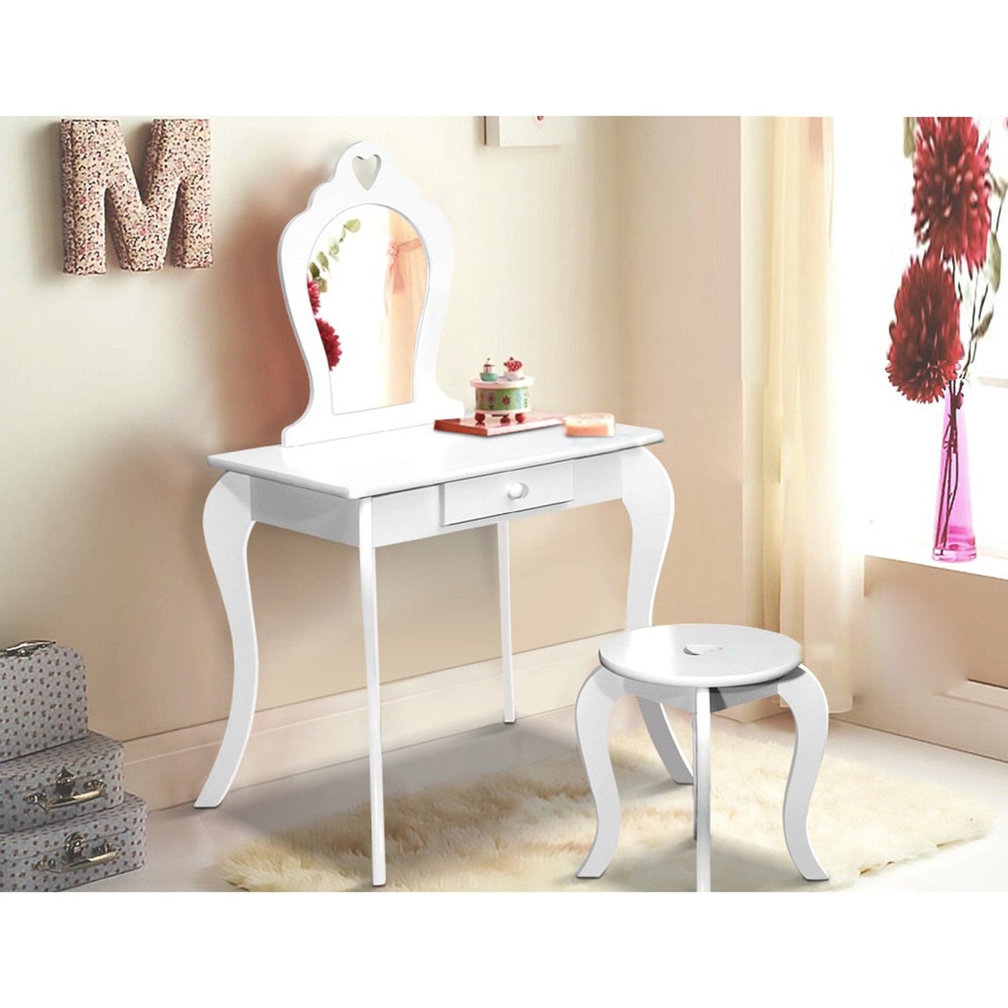 Kids Vanity Dressing Table Stool Set Mirror - White