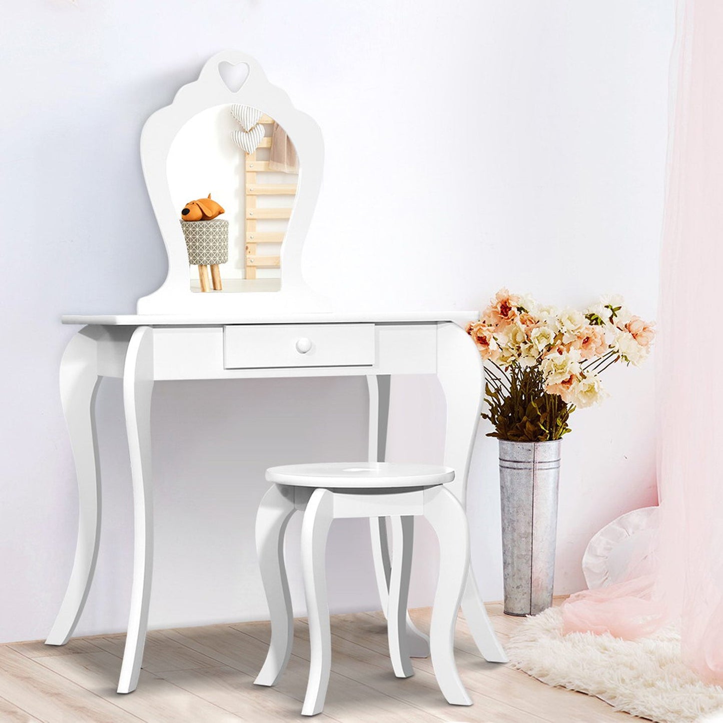 Kids Vanity Dressing Table Stool Set Mirror - White
