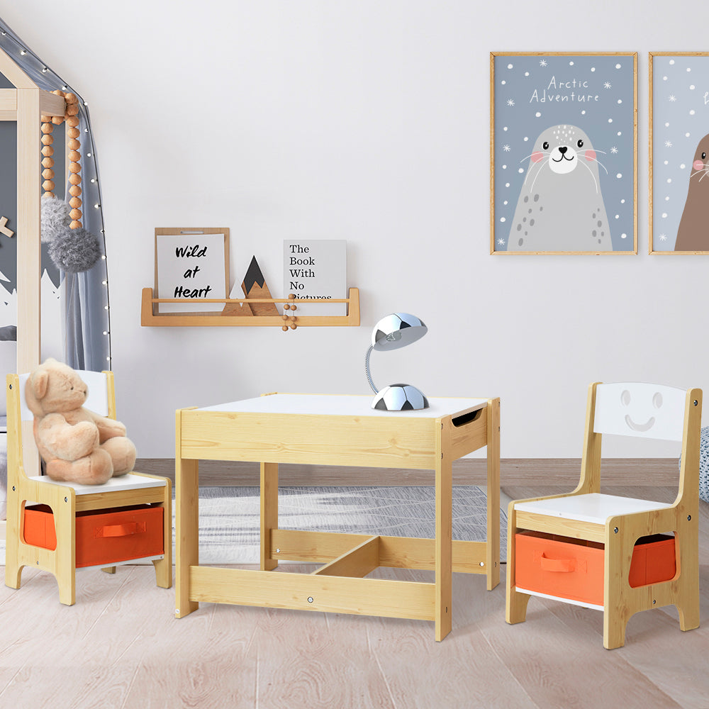 Kids Table Chairs Set Activity Chalkboard Toys Storage Desk - Set of 3