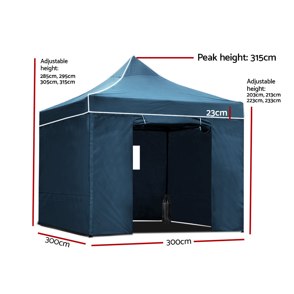 Gazebo Pop Up Marquee Folding Tent Metal Navy - 3x3m