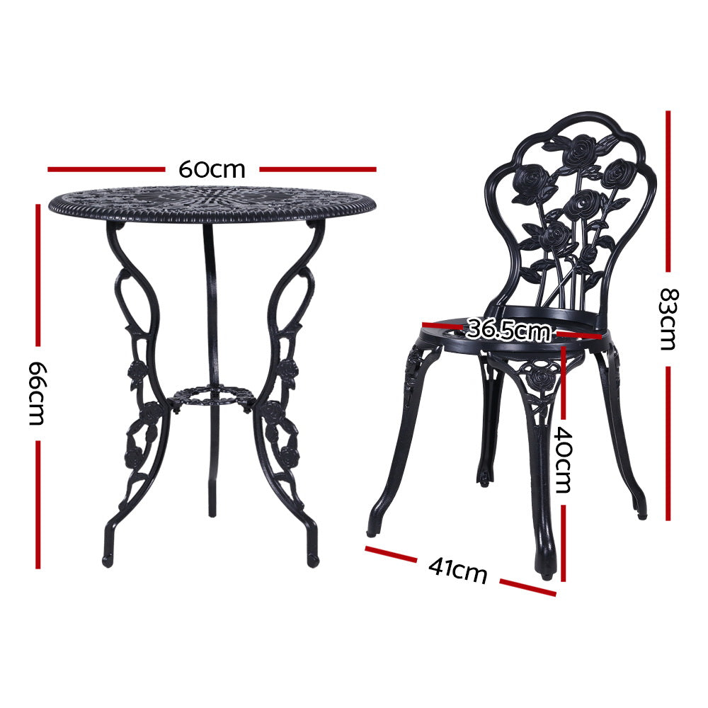 Outdoor Cast Aluminum Table and Chair Patio - Set of 3 Black