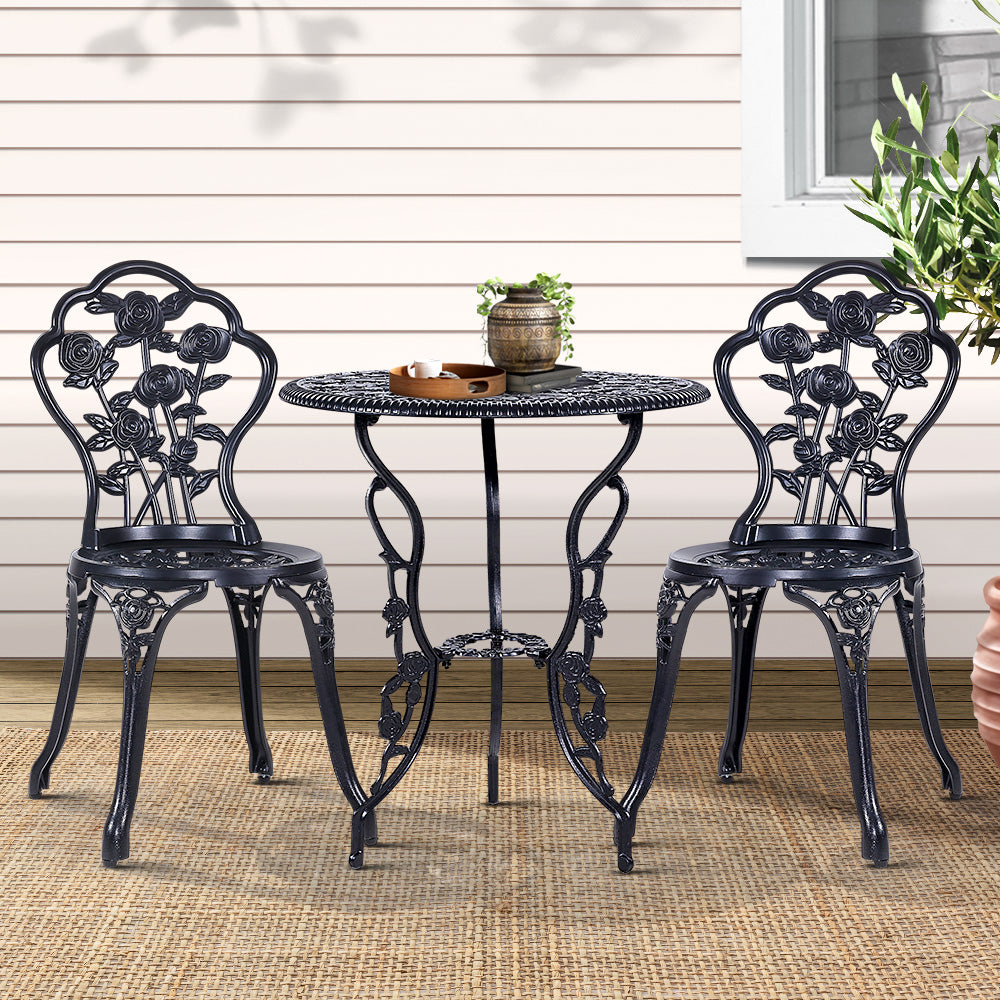 Outdoor Cast Aluminum Table and Chair Patio - Set of 3 Black