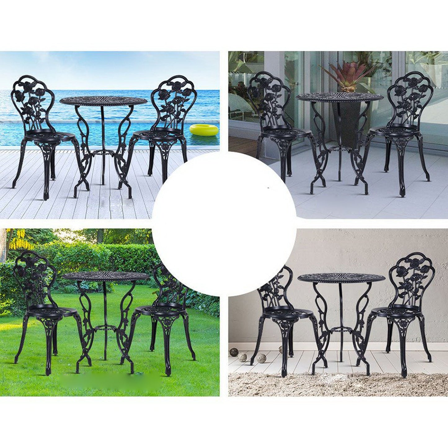 Outdoor Cast Aluminum Table and Chair Patio - Set of 3 Black