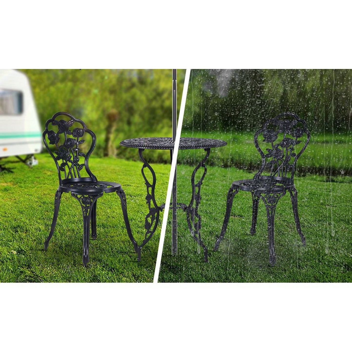 Outdoor Cast Aluminum Table and Chair Patio - Set of 3 Black