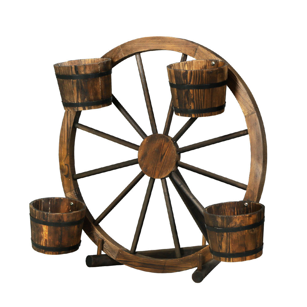 Rustic Garden Decor Wooden Wagon Wheel Outdoor Flower Planter