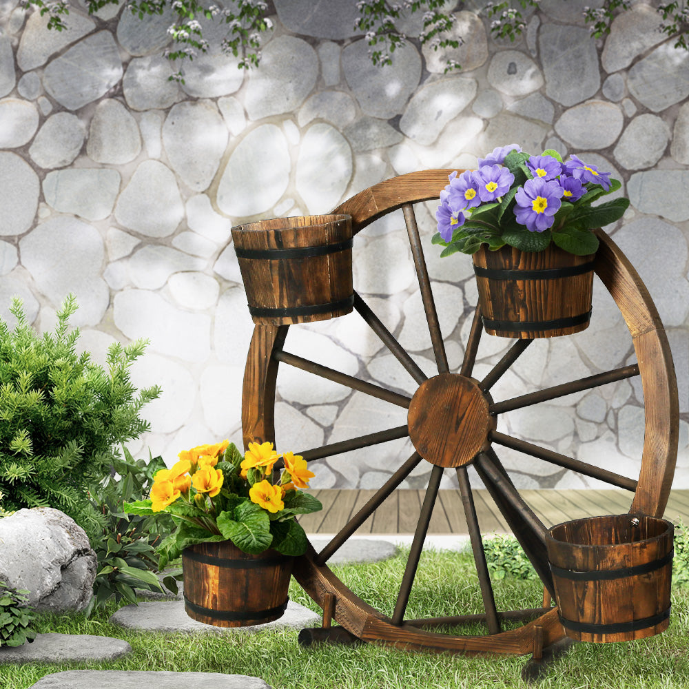 Rustic Garden Decor Wooden Wagon Wheel Outdoor Flower Planter