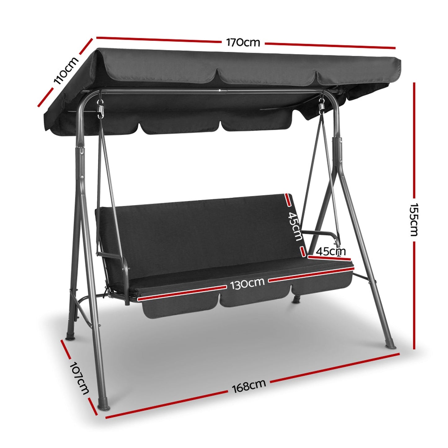 Swing Chair Hammock 3 Seater Bench Seat Canopy - Black